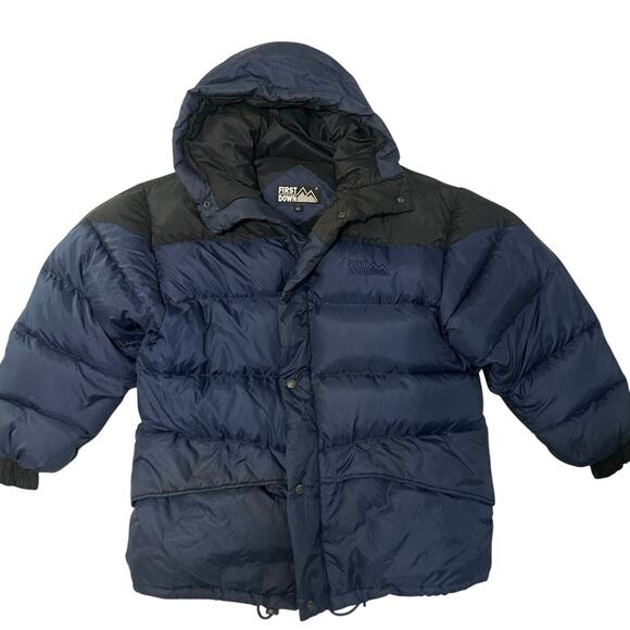 First Down Puffer heavy duty coat Vintage Black&Blue Mens LG Duck Down 3.5lb - Picture 3 of 12